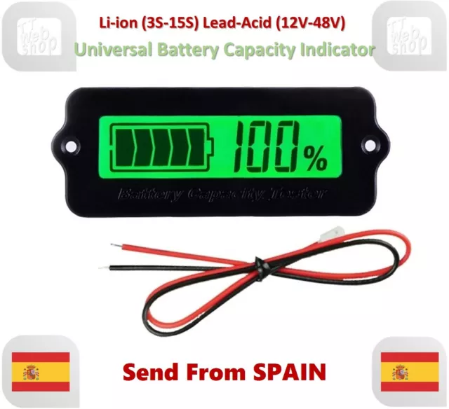 Universal Battery Capacity Indicator Lithium Li-ion (3S-15S) Lead Acid (12V-48V)