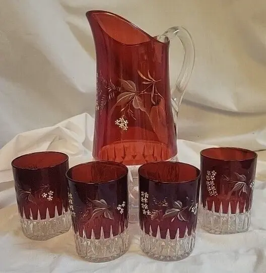 Vintage Cranberry Glass Pitcher & 4 Tumblers With Applied Enamel Flowers