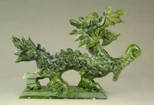 Chinese Exquisite Green jade hand-carved Feng shui dragon Beast Lucky statue