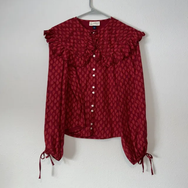 Universal Thread Women Medium Blouse Red Ruffle Collar Long Slv Woven Button 40