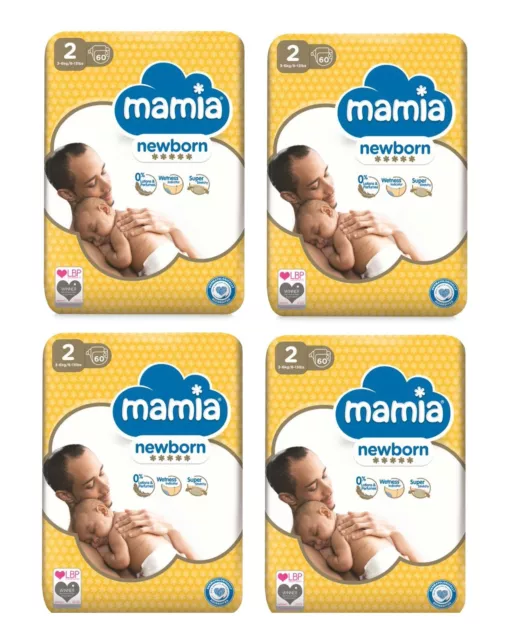 4 x 60 Packs Size 2 Nappies mamia Newborn Extra Soft DRY FAST TECHNOLOGY