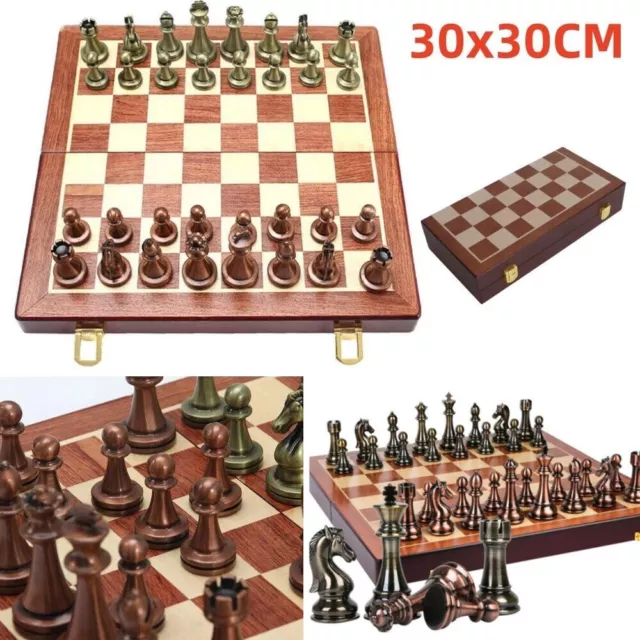 Upscale Chess Metal Glossy Chess Pieces Wooden Folding Chess Board Game Toy