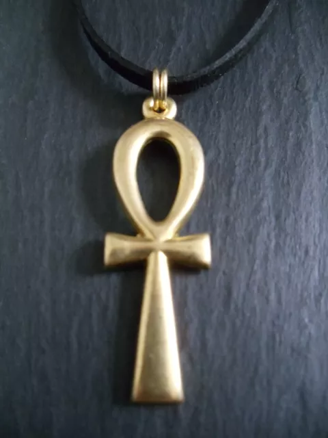 Ankh Necklace Pendant Adjustable Cord Gold Brass Egyptian Key of Life Cross Gift