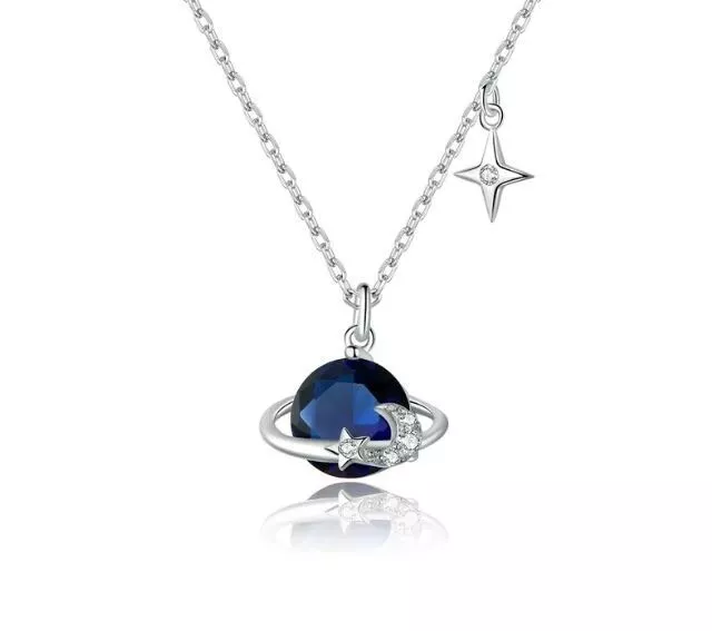 Collar Planeta Colgante Plata Esterlina 925 Estrella Luna Azul Circonita Cúbica