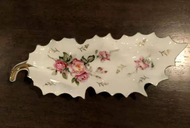 Vintage Arnat Porcelain Leaf Shaped Trinket Dish Tray Hand Painted Floral & Gold