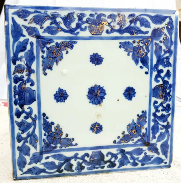 Vintage Rare Art Nouveau Blue Floral Gold Work Architecture 7.3" Tile Original