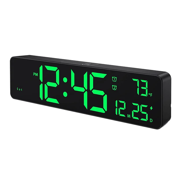 Grande Horloge Murale Numérique Silencieuse - Affichage LED Heure, Date, Température - Revêtement Bois PVC
