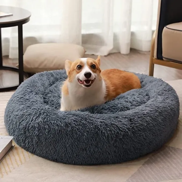 Dog Cat Bed Donut Cuddler, Faux Fur Plush Pet Cushion for Large Medium Small Dog