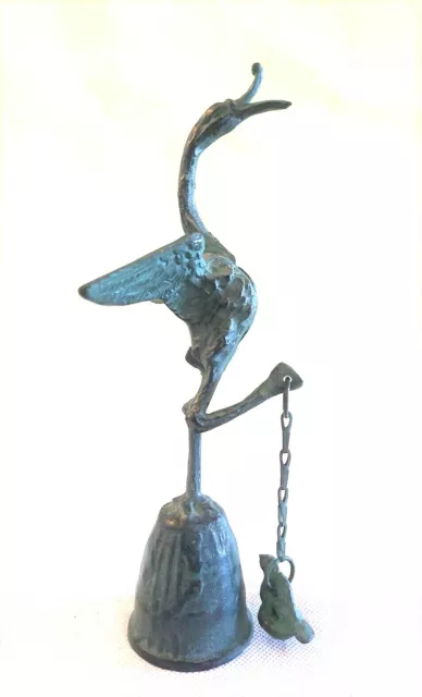 Unique Antique Bronze Early 20th Century Japanese Crane Bell