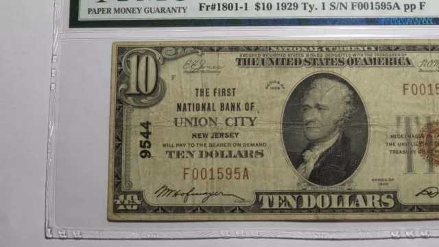 $10 1929 Union City New Jersey NJ National Currency Bank Note Bill #9544 F15 PMG 2