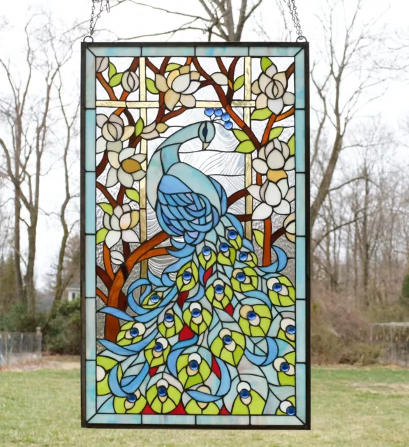 20.5" x 34.75" Large Handcrafted stained glass peacock window panel WL22221