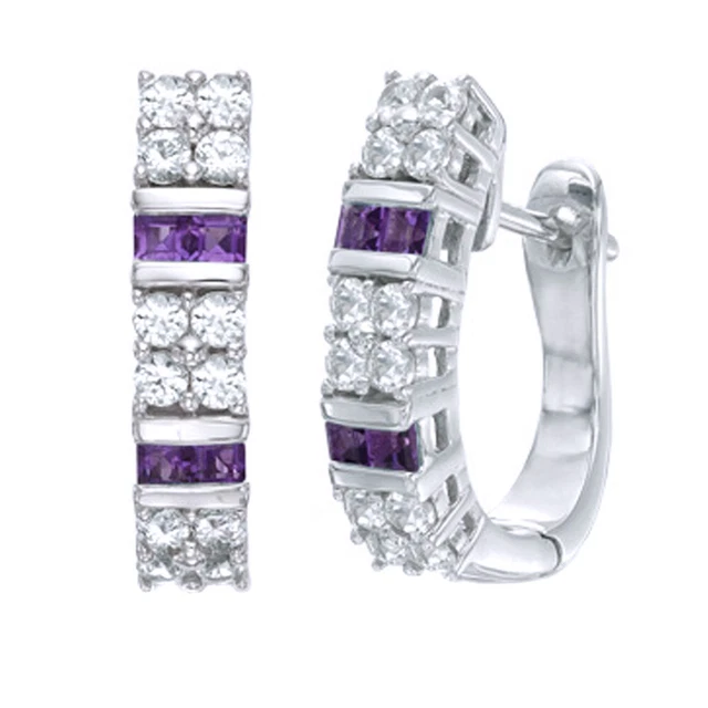 Princess  Simulated Amethyst & White Topaz Hoop Earrings 14K Gold Plated Silver