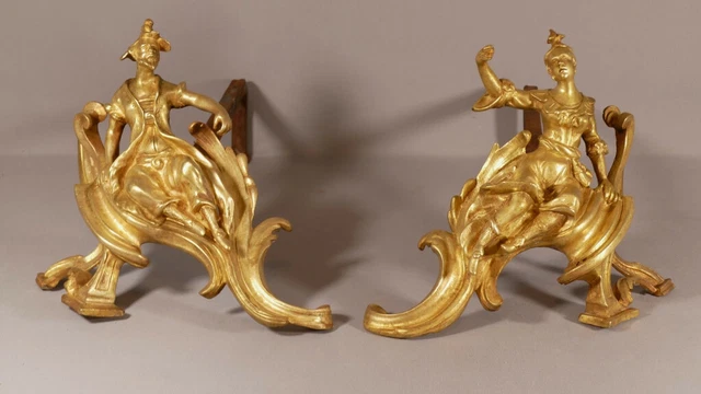 Paire De Chenets En Bronze Doré XIXe – 32x31cm, Pour Cheminée, Super état