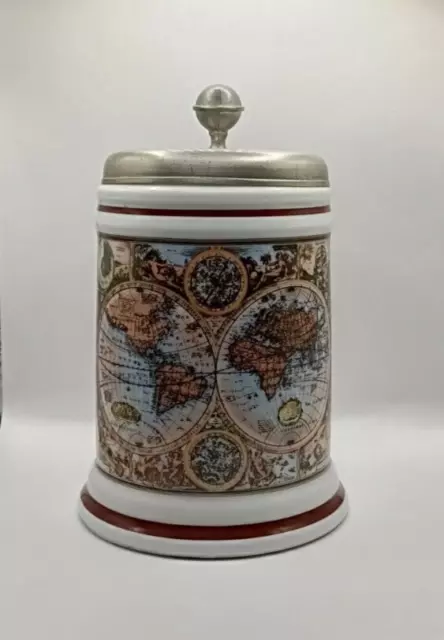 Bareuther Waldsassen Ceramic Pewter Lidded German Old World Map 1/2L Beer Stein