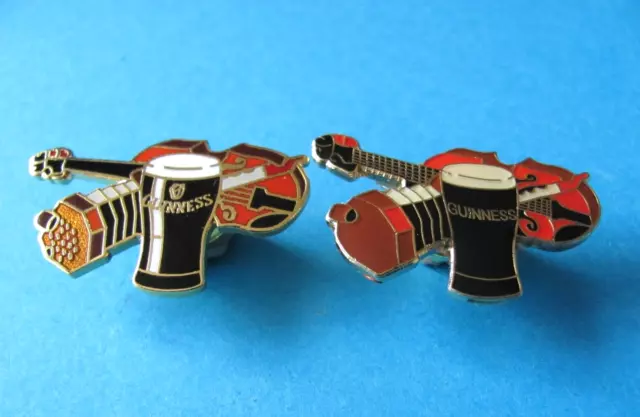 2, Guinness Pin Badges. Musical Instruments. Fiddle & Squeeze Box.