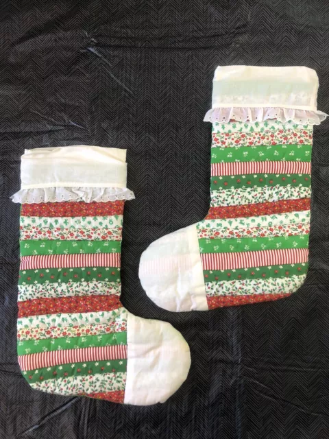(2) Handmade Patchwork Quilted Christmas Stockings Red Green Farmhouse Country