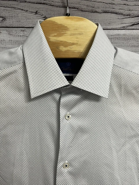 David Donahue 16 32/33 Mens White Blue Dot Long Sleeve Button Up Shirt Trim Fit