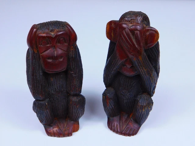 Vintage Hand Carved Wooden Hear & See No Evil Monkey 5.5-6.25" Tall Figurine