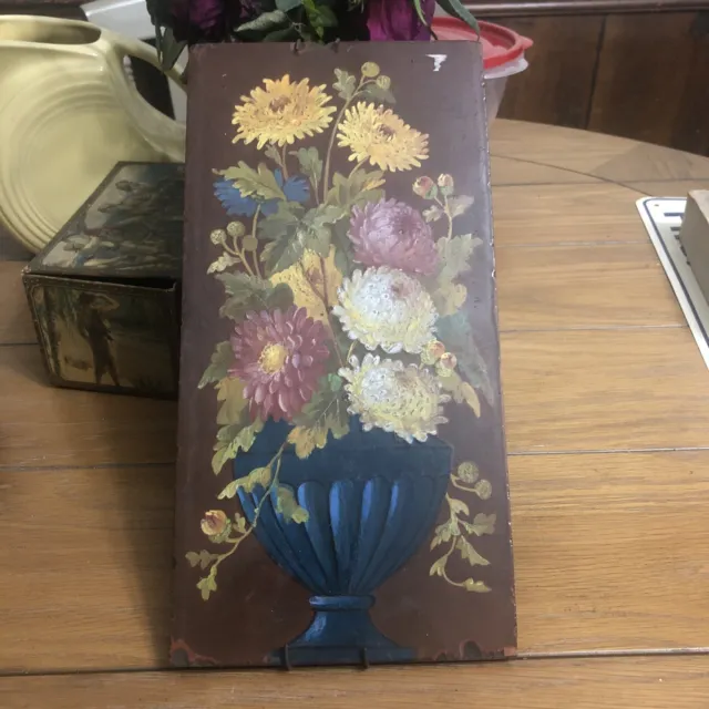 Antique Hand Painted Floral Urn Wall Hanging Tile 12” X 6”