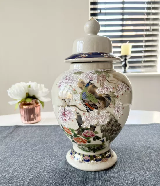 Vintage Ivory Japanese Peacock Ceramic Urn Ginger Temple Jar Vase With Lid