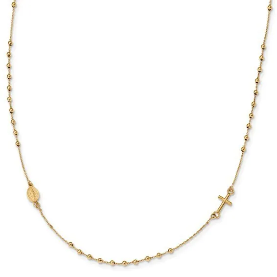 Real 14K Yellow Gold Polished Cross Rosary Necklace 18 inch