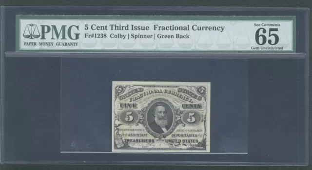 1864-69 Fr-1238 5 Cent Fractional Currency Certified Pmg Gem Uncirculated 65-Epq