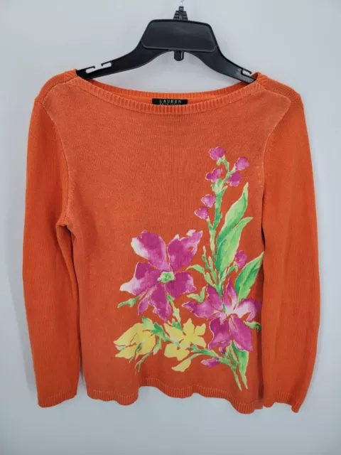 Lauren Ralph Lauren Sweater Womens Medium Orange Floral Linen Wearable Art Boho