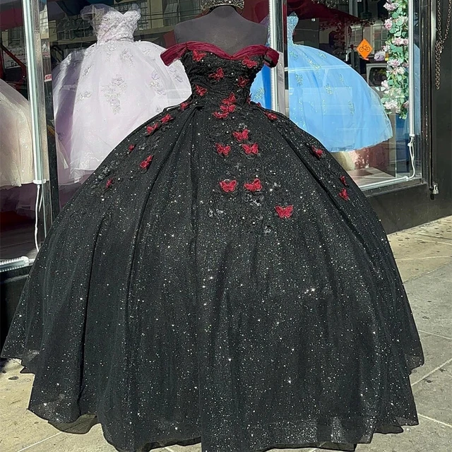 BLACK SHINY QUINCEANERA Dresses Ball Gown Bow Off Shoulder Red Cape Sweet 16  $162.20 - PicClick