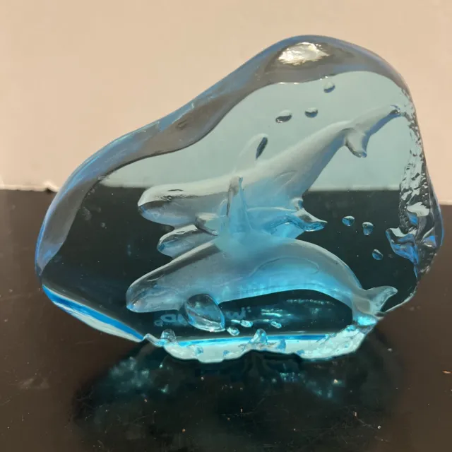 Robert Wyland Family of Orcas Blue Glass Sculpture Paperweight Killer Whales