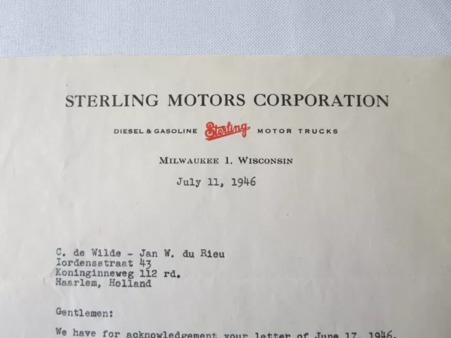 1946 Sterling Motor Truck Corporation Letter Letterhead Document