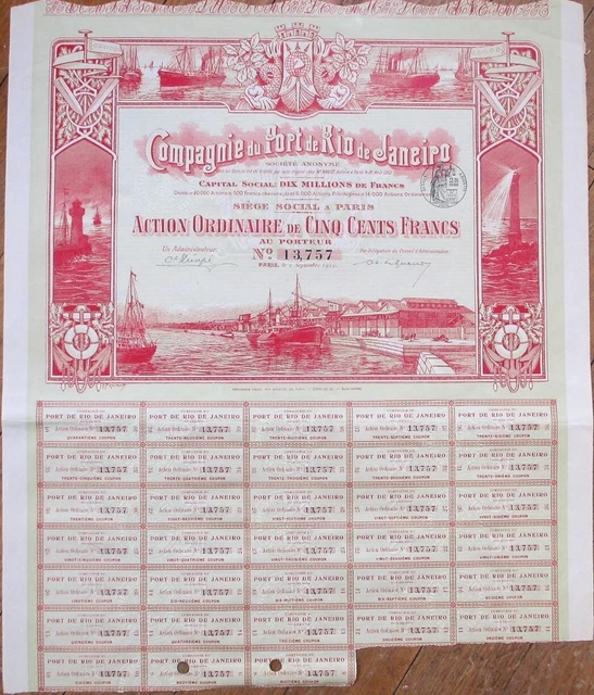 Port de Rio de Janeiro, Brazil 1912 Stock Bond Certificate, Shipping Nautical