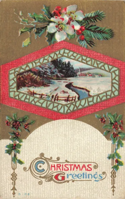 Postcard Ephemera XMAS Christmas Greetings River Snowy Holly Berries Embossed