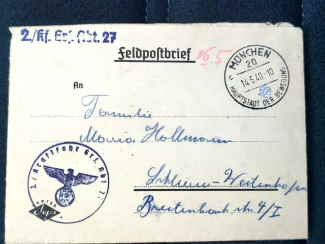 Feldpost Brief mit Text - Inhalt 1940 von 2. Kraftfahr Ers.Abt 27 in München
