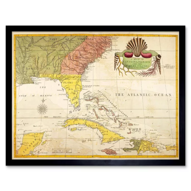 Map Antique Catesby Carolina Florida Bahama Cuba 12X16 Inch Framed Art Print