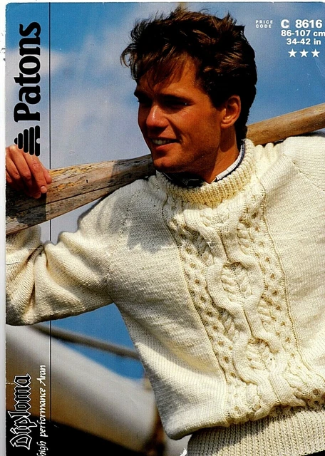 Patons Diploma Aran KNITTING PATTERN, Men Crew Neck Sweater