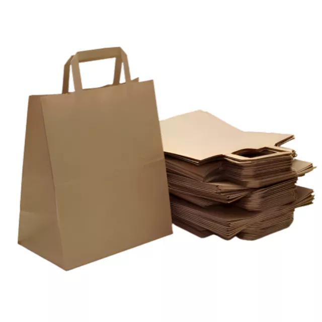 Paper Bags with Flat Handle Kraft Takeaway Carrier Bag for Shopping Food Party