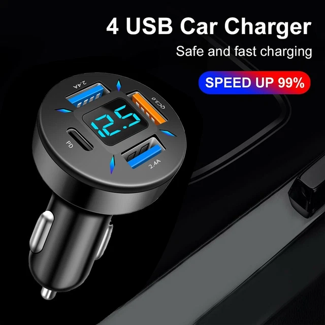 New 4 USB QC3.0+PD USB Car Cigar Charger Lighter Digital LED Voltmeter 12V/24V