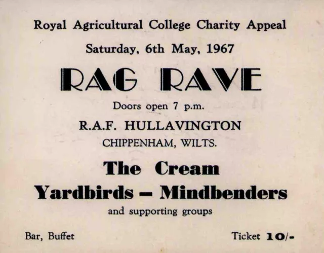 Eric Clapton Cream Yardbirds Repro 1967 Rag Rave 6 May Concert Ticket