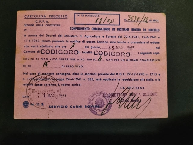 CARTOLINA PRECETTO C.P.P.A. Sezione Zootecnia Viaggiata 1943 Codigoro ...