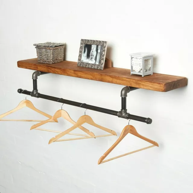 Industrial Clothes Rail With Solid Wood Shelf - Tee Style - Urban, Vintage