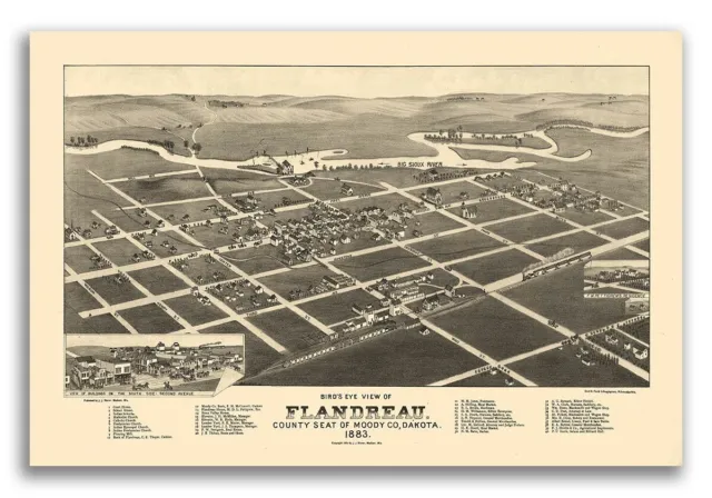 1882 Flandreau SD Vintage Old Panoramic City Map - 24x36