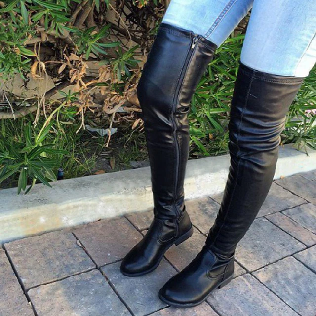 Trendy Over Knee Women Boots Thigh High Side Zip Low Chunky Heels Shoes Woman 20