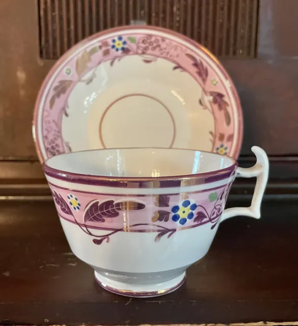 Pretty Antique Pink Lustre Porcelain Cup & Saucer, Floral Border, English, 1840s