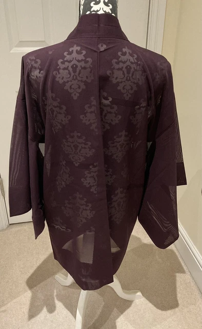Giacca Haori vintage giapponese viola See Thru Ro Gauze ""Sottili rettangoli"" 10-14
