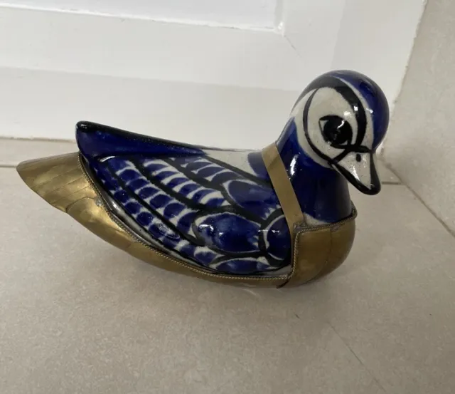 Vintage Mexican Tonala Ceramic Pottery Armored Brass Hand Painted Blue Duck