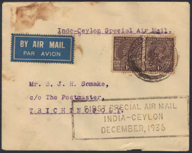 Inde Ceylan 1936 First Special Aérien Courrier Décembre. 1936 Bombay 22.DEC.36