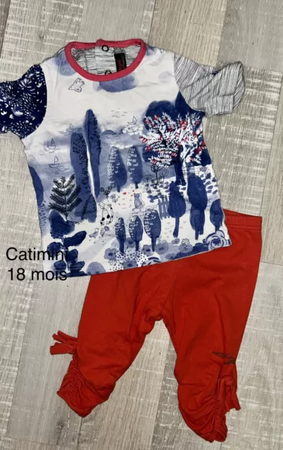 Ensemble été Catimini Pour Bébé Fille 18 Mois - T-shirt + Jupe Verte En Coton - Occasion Très Bon état