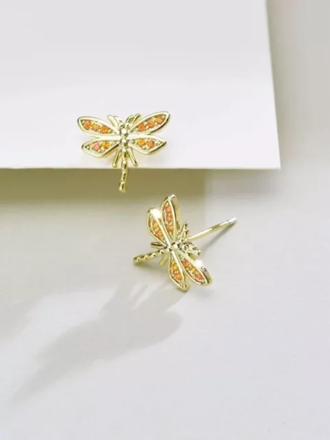 Gold Dragonfly Stud Earrings, Amber Cubic Zirconia in Wings, Push Back Close 3
