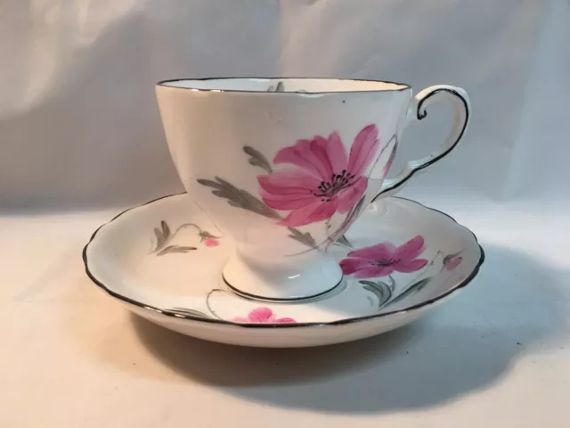 Tuscan Fine Bone China England Teacup Saucer White Pink Flower gray leaves
