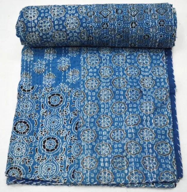 Indian Handmade Kantha Quilt Bedding Throw Bedspread Single Cotton Indigo Blue